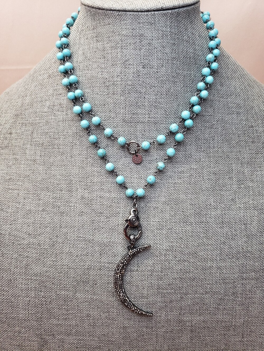Marlyn Schiff Turquoise and Black Rhinestone Half Moon Pendant Bead Necklace